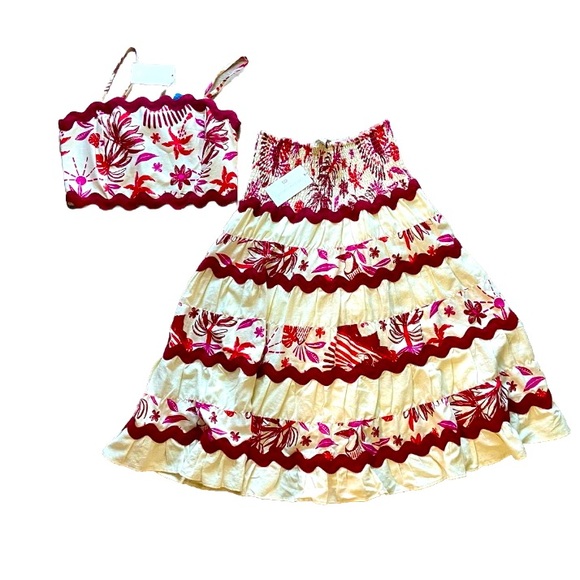 M🔖 CAROLINE CONSTAS Linen Scalloped Two Piece Skirt Set Floral Red Cream Ivory - Picture 3 of 10